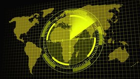 Yellow Digital World Map with Futuristic Radar Scope and Grid Overlay targeting earth. Interactive yellow world map with radar scope and grid overlay highlighting global tracking systems. - Powered by Shutterstock - Get 15% off with code: PIKWIZARD15