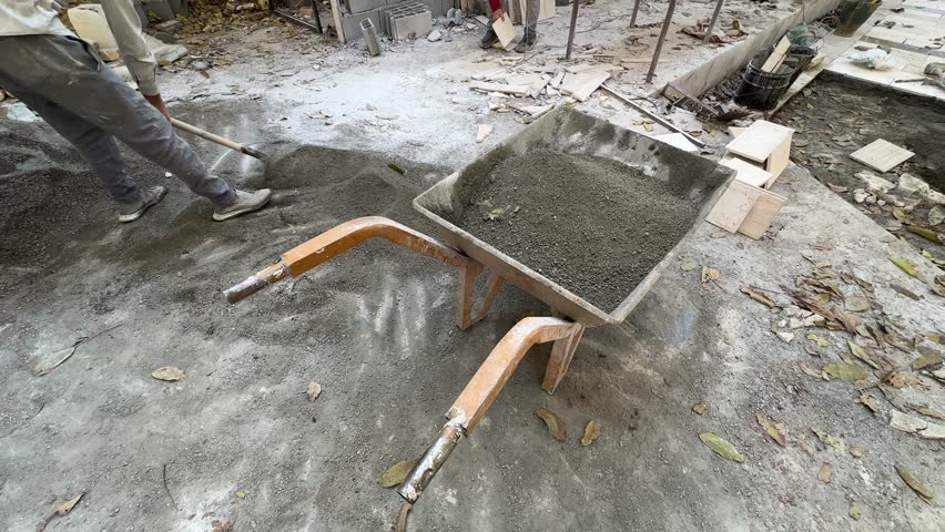 A construction worker pours sand into a cement mixer and operates an angle grinder, creating a shower of bright sparks. This dynamic HD footage showcases manual labor and industrial power