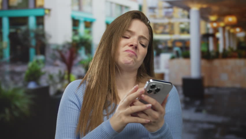 Young caucasian woman smiling and tapping smartphone on street with blurred shops behind her; engagement focus connection.