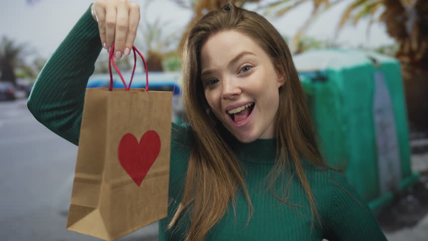 Woman holding paper bag with red heart print beside recycling container on street scene; generosity joy warmth.