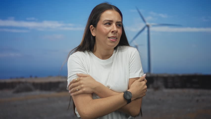 Woman with arms crossed hugging herself in open field near a windmill under blue sky wearing white t shirt and rings; discomfort. - Powered by Shutterstock - Get 15% off with code: PIKWIZARD15