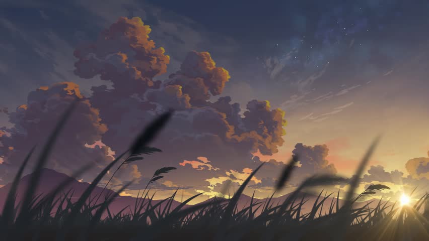 relaxing sunset evening sky with swaying tall grass loop in anime style