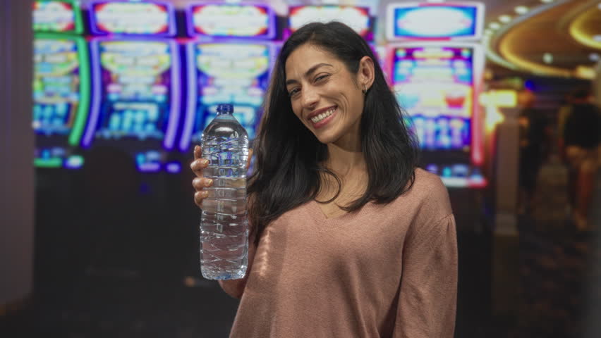 Woman holding a water bottle with visible hand and smile near slot machines in a building casino gaming floor; satisfaction refreshment.