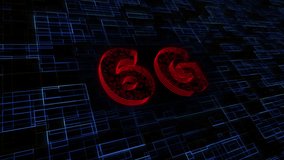 High-tech animation of glowing red “6G” text surrounded by a futuristic digital grid. Cyber-style data flow visuals symbolizing next-gen ultra-fast mobile networks. Seamless loopable element - Powered by Shutterstock - Get 15% off with code: PIKWIZARD15
