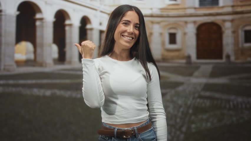 Woman pointing thumb over shoulder at an old building entrance, smiling with visible hand; confidence friendly.