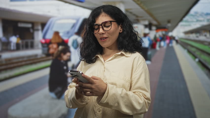 Woman holding smartphone, hands typing, standing on a train platform inside a station building with rails visible; calm focus. - Powered by Shutterstock - Get 15% off with code: PIKWIZARD15