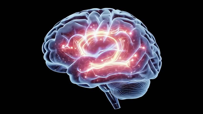 Dynamic 3D brain animation with glowing red and yellow neural pathways, highlighting active signal flow, cognitive processes, and vibrant neural activity in a detailed, futuristic view. - Powered by Shutterstock - Get 15% off with code: PIKWIZARD15