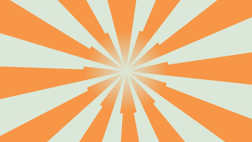 Energetic retro sunburst animation featuring bold orange and cream radial rays expanding toward the center with a soft glowing effect. Perfect for intros, promotional videos, upbeat presentations, vin