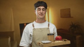 Man holding wooden serving tray with coffee cup, apple and takeout box in building living room; service hesitation. - Powered by Shutterstock - Get 15% off with code: PIKWIZARD15