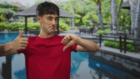 Man in red shirt showing thumbs up and thumbs down with both hands at hotel pool resort outdoors, facing camera and squinting slightly; ambivalence. - Powered by Shutterstock - Get 15% off with code: PIKWIZARD15