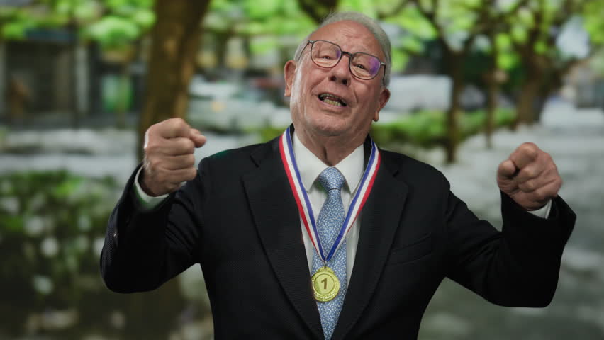 Senior man in a suit mimics crying with a gold medal in a park, capturing a poignant yet humorous moment that blends success with emotion against a serene outdoor backdrop.