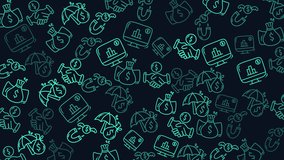 Dynamic Seamlessly Looping Dark Background Featuring a Neon Green Doodle Pattern of Business Partnership and Financial Gain Icons, Including Handshakes, Money Magnets, Insurance Umbrellas - Powered by Shutterstock - Get 15% off with code: PIKWIZARD15