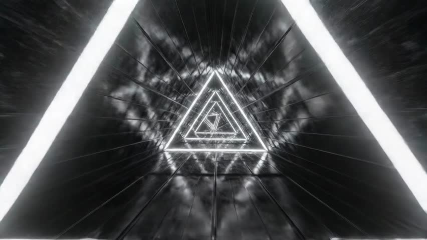 Abstract triangular tunnel with light effects and metallic textures.