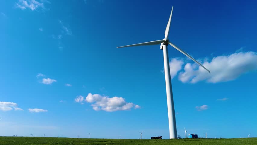 Wind Turbines on Green Grassland Under Blue Sky 4K Aerial View