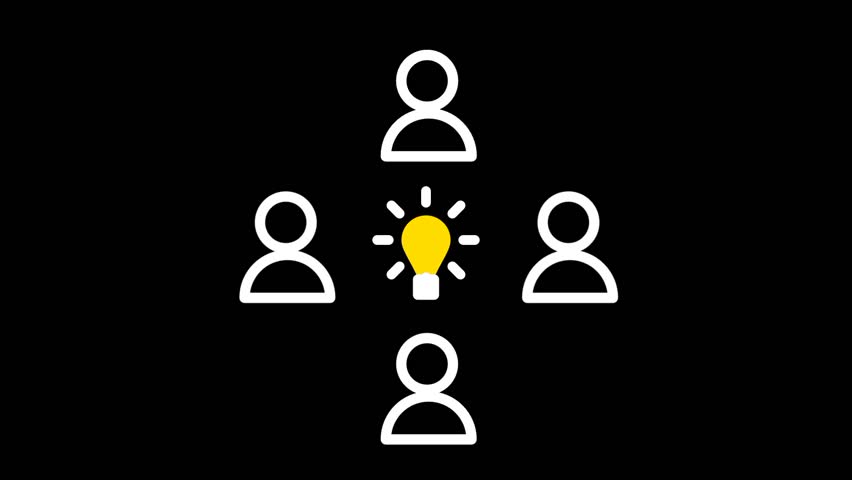 Four white stick figures forming a circular arrangement with glowing light bulbs above their heads, representing brainstorming, idea generation, and collective innovation within a group.