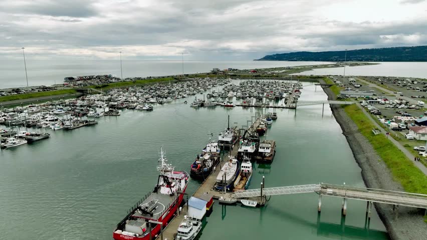 A stunning aerial perspective of fishing boats docked in the famous Homer Spit, showcasing Alaska's vibrant commercial fishing industry against a majestic backdrop.