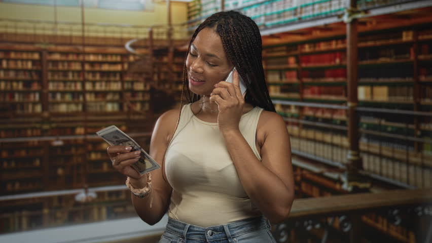 Young woman holds phone to ear and counts cash amid tall shelves of books in a library building; financial confidence.
