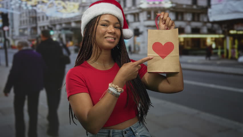 Woman smiling and points finger to kraft paper gift bag on busy city street wearing santa hat and red crop top; holiday cheer.