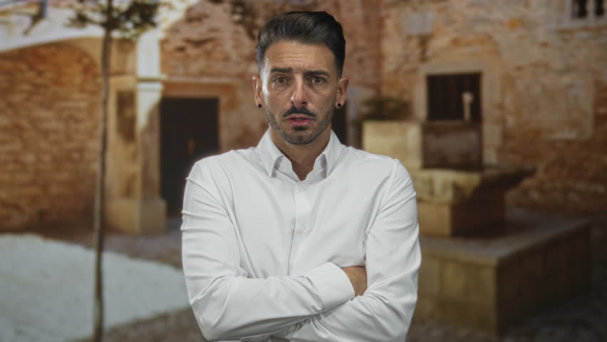 Man stands with arms crossed outside a weathered stone building on a sunlit narrow street, wearing a white shirt with a solemn expression; rejection.