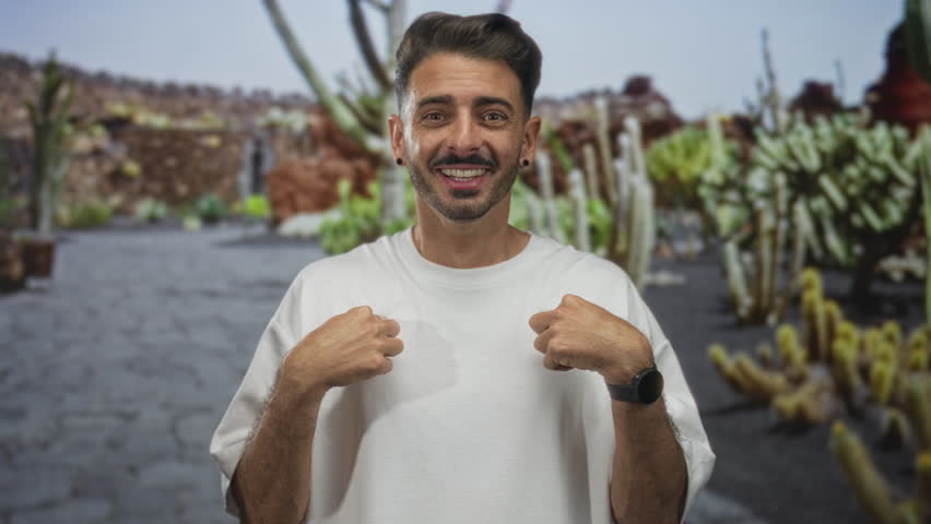 Man standing pointing finger to white shirt front in green park with cactus garden path; confidence.