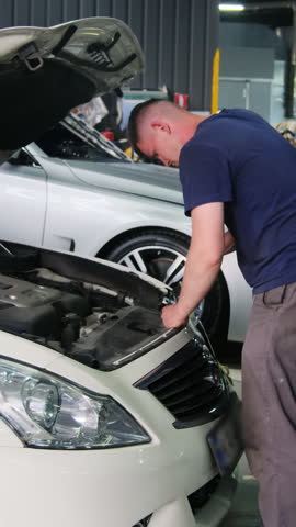 Car owner lifts hood and examines engine checking for visible issues. Man studies engine trying to identify source of problem. Vertical shot