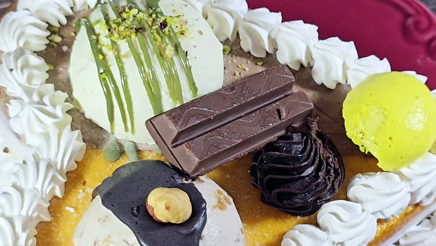 Ice cream cake of assorted and various flavors with a sponge cake layer within ice cream and whipped cream, Ice cream of mango, vanilla and chocolate, with pistachio ball and sauce and hazelnut ball
