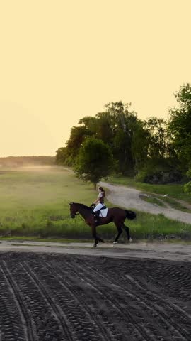 Woman galloping on a brown horse through a field in countryside. young woman riding bay horse. aerial filming. Spring. On Sunset .