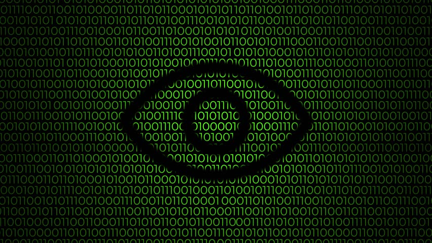 Green binary code design moving horizontally over an eye icon in cyber surveillance concept
