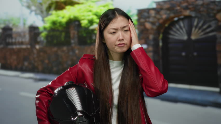 Woman in red jacket holding helmet on urban street appears thoughtful with serious expression against blurred city backdrop with stone wall and gate.