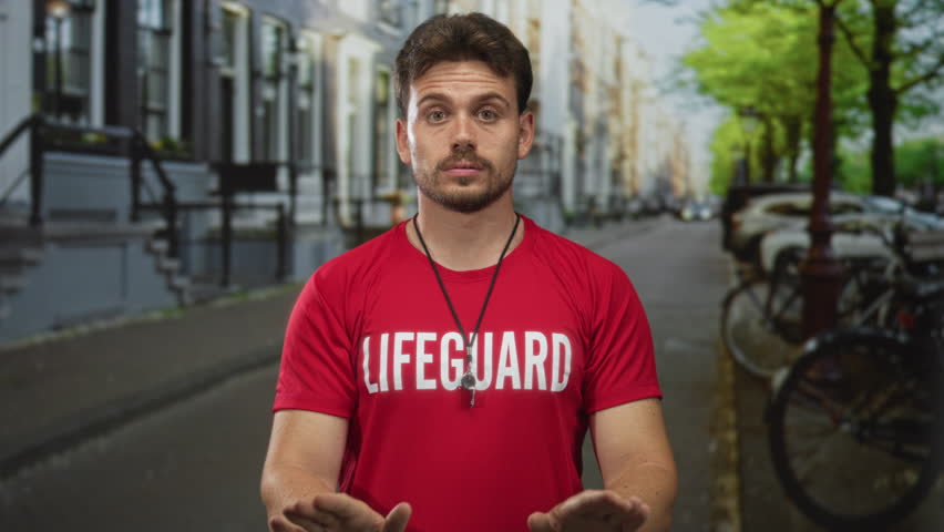 Man lifeguard in red lifeguard shirt with whistle shows open palms forward to stop on street near bicycles and buildings; public safety alert.