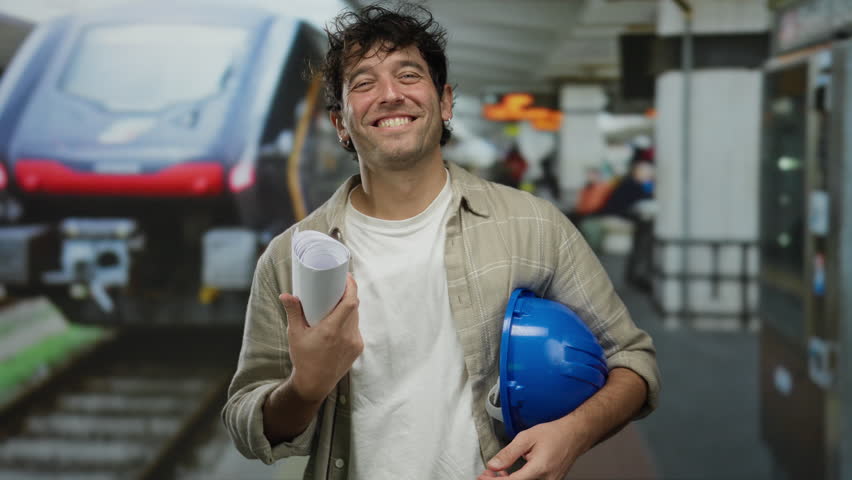 Hispanic man with hardhat and blueprints smiling confidently at outdoor train station.