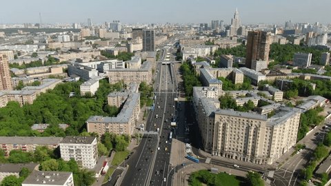 High Drone View over Wide Urban Avenue