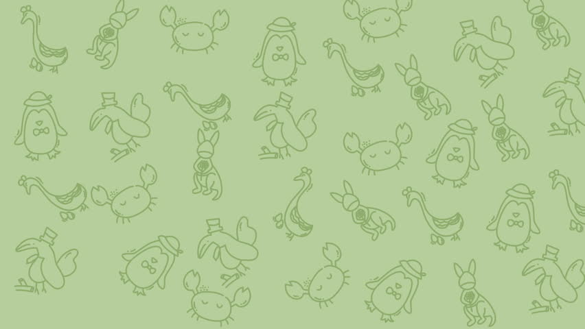 Light green pattern with animal sketches of crabs, rabbits, penguins, and geese. Suitable for wallpaper, stationery, or children products.
