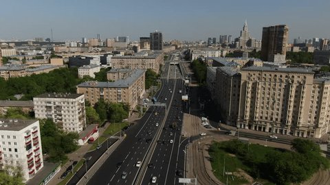 Drone Flying above Busy Multilane City Highway