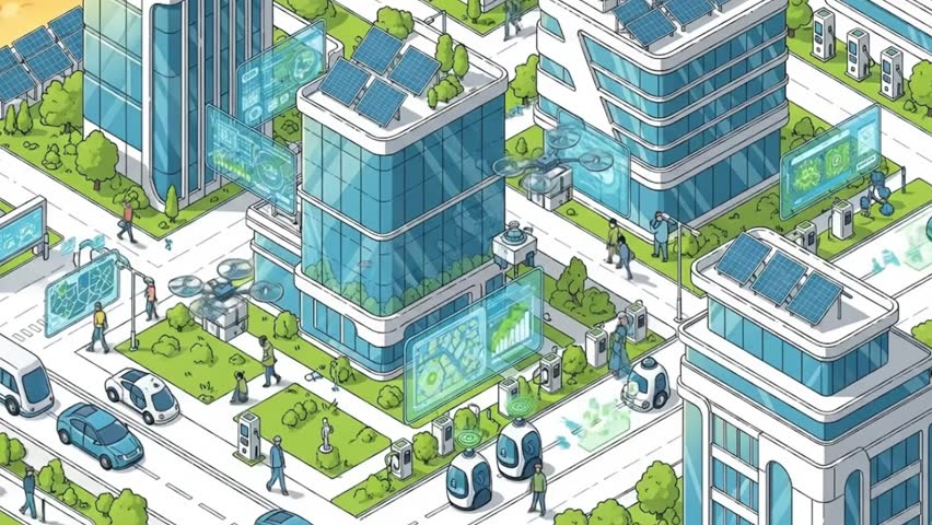 Isometric animation of a futuristic smart city. Features solar panels, drones, autonomous cars, and green technology. Sustainable urban future concept
