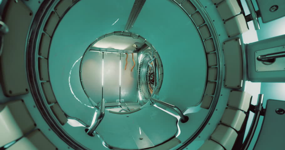 A futuristic transportation pod features sleek metallic interiors and illuminated surfaces. The cylindrical design invites curiosity, evoking a sense of adventure within an advanced setting.