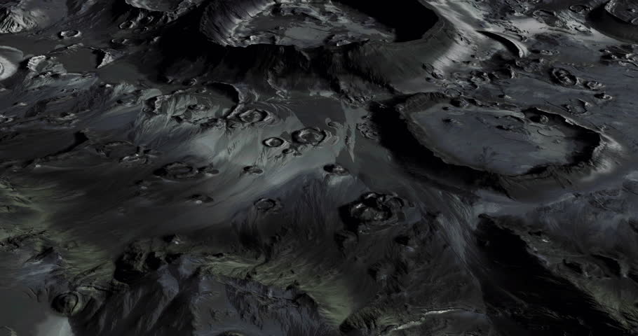 This captivating view showcases the moons rugged surface featuring numerous crater formations and varied terrain under soft lighting. The dark shades create an otherworldly atmosphere.