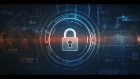 A digital padlock icon symbolizes cyber security and network data protection technology, featuring a virtual interface dashboard for online privacy and business data security. Padlock ,4K video - Powered by Shutterstock - Get 15% off with code: PIKWIZARD15