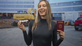 Young woman smiling and holding passport and miniature airplane at airport terminal near parked cars and construction equipment; joyful travel. - Powered by Shutterstock - Get 15% off with code: PIKWIZARD15