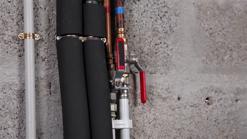 Close-up of a hand pointing to a water valve in a plumbing system in a house.