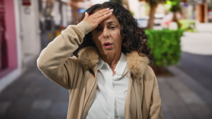 Woman with curly hair standing outdoors in a city street wearing a coat, looking mature and thoughtful, surrounded by urban scenery, evoking thoughts of reflection.