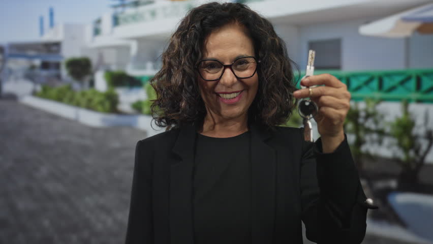Smiling middle-aged hispanic woman holds house keys outdoors, indicating excitement and achievement in a residential setting.