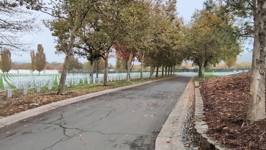 Paved road runs alongside white gravestones stretching across green grass beneath autumn trees, captured on a cloudy day, reflecting peaceful seasonal calm.