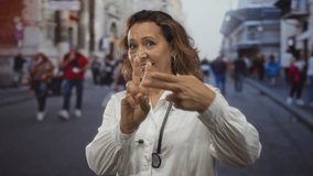 Woman doctor with stethoscope making hashtag hand gesture on a busy urban street surrounded by pedestrians, smiling and gesturing toward camera; public health playful. - Powered by Shutterstock - Get 15% off with code: PIKWIZARD15