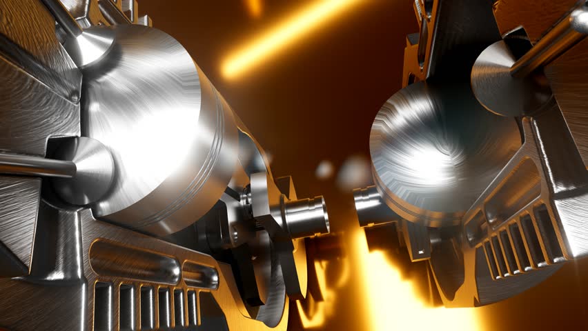 Detailed close-up of moving pistons inside cutaway internal combustion engine block.