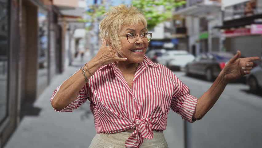 Senior woman making phone gesture with hand and pointing finger in a lively urban street scene; playful greeting joy. - Powered by Shutterstock - Get 15% off with code: PIKWIZARD15