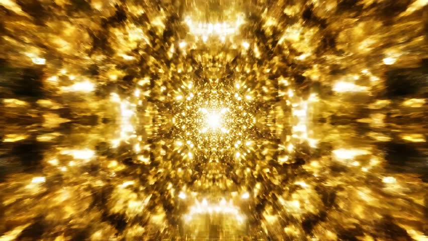 A shimmering golden tunnel of light and abstract shapes appears to zoom inwards.