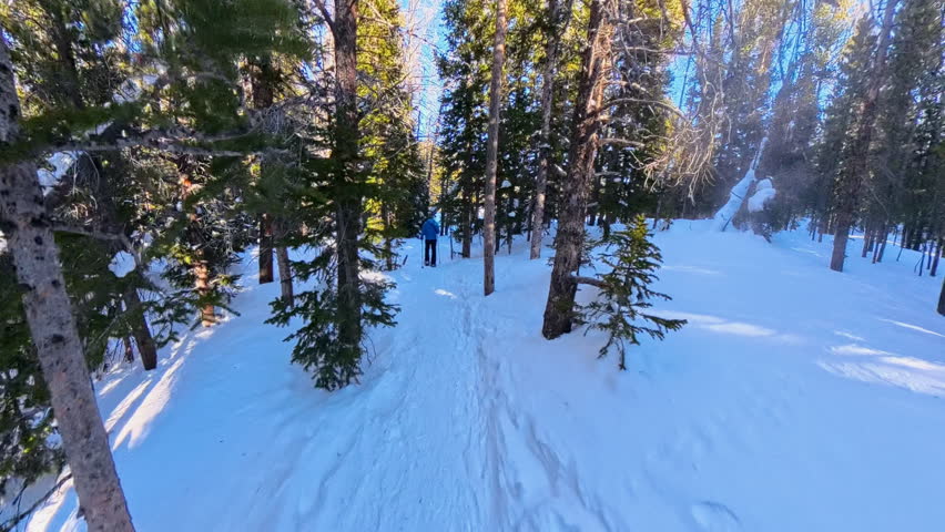 High Angle View Following Man Showshoeing in Rocky Mountain National Park