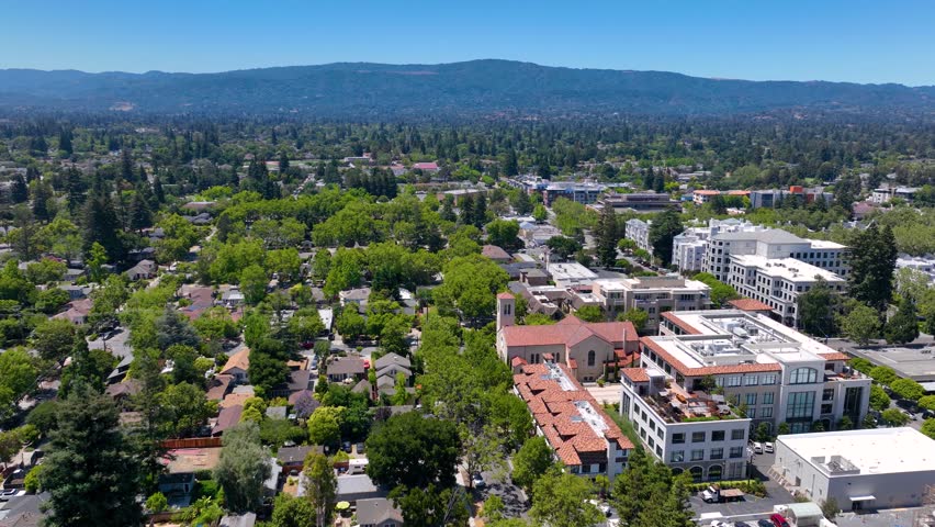 Mountain View historic city center aerial view on Mercy Street including City Hall and Center for the Performing Arts, Mountain View, California CA, USA. 