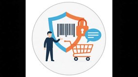 Secure online shopping concept featuring a man, a shield, barcode scanning, and a lock on a shopping cart, symbolizing data protection and security in e-commerce and retail transactions - Powered by Shutterstock - Get 15% off with code: PIKWIZARD15